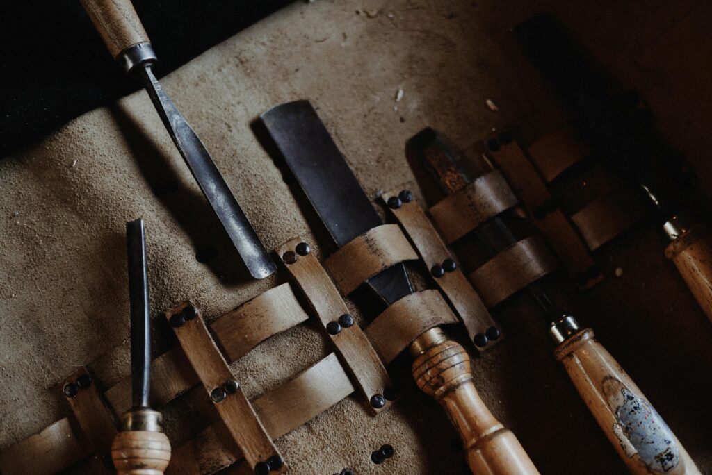 Vintage woodworking tools in a leather bag | Amish Sheds | Rooster's Amish Sheds WV