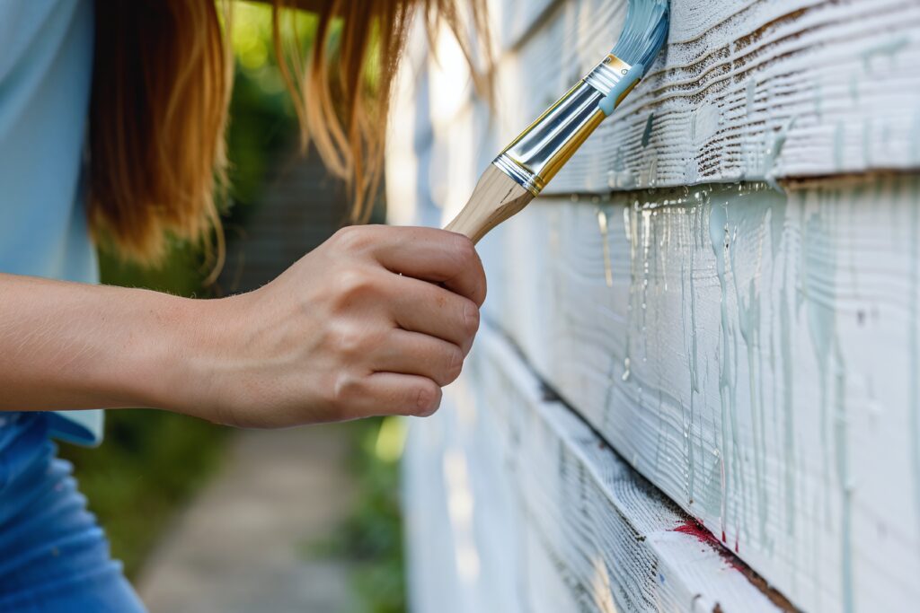 Woman with a paintbrush painting the side of a building | Summer Maintenance | Roosters Amish Sheds, WV
