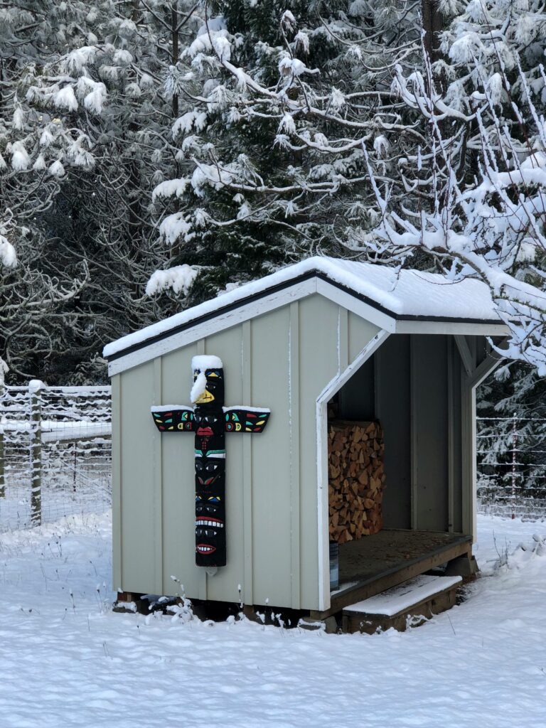 Woodshed with snow on the ground around it and snow on the roof | Winter shed maintenance