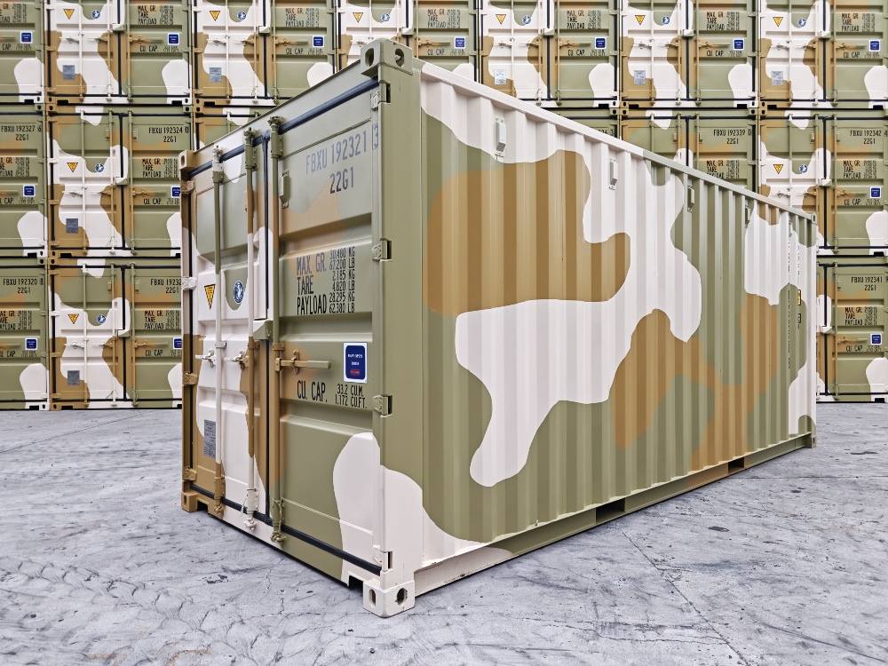 browns and green camo container 20 foot, 40 foot, standard, high cube