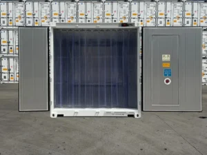 20 foot, 40 foot, standard, high cube, refrigerated container front view with curtains drawn