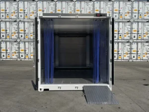 20 foot, 40 foot, standard, high cube, refrigerated container front view with curtains open