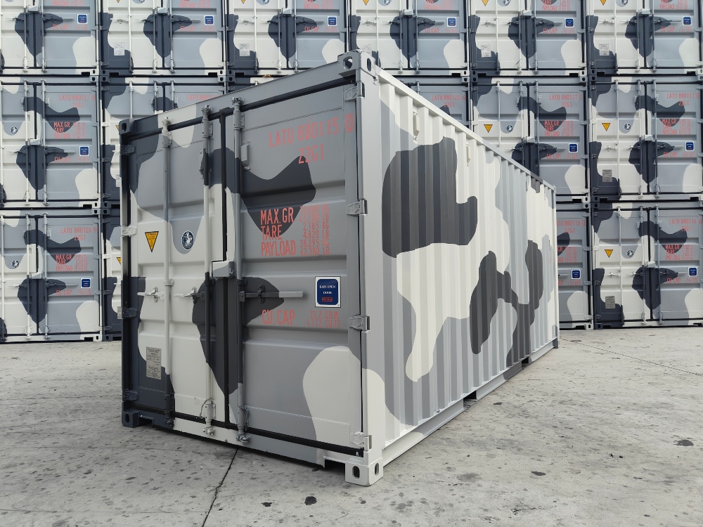 black and grey camo container 20 foot, 40 foot, standard, high cube