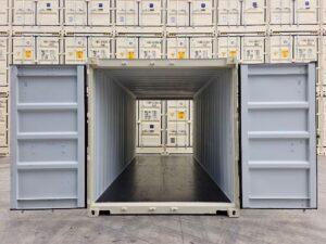 beige container 20 foot, 40 foot, standard, high cube doors open