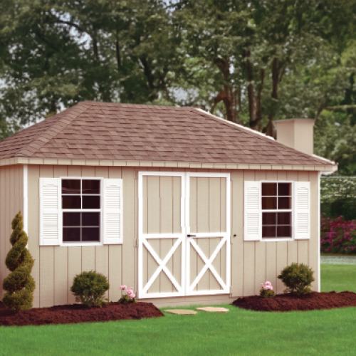 Shed in a yard | Signature Villa | Roosters Amish Sheds, WV