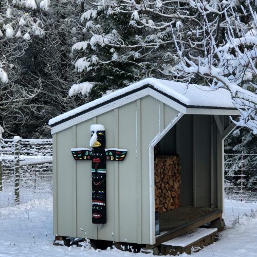 Woodshed with snow on the ground around it and snow on the roof | Winter shed maintenance