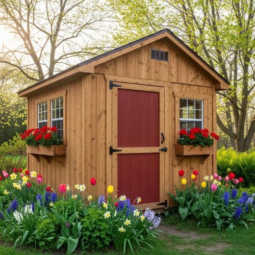 Brown shed with red door surrounded by flowers and bushes in bloom | Spring Shed Maintenance
