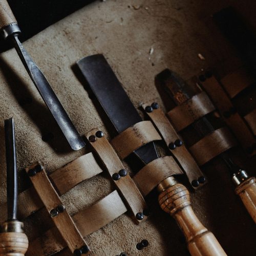 Vintage woodworking tools in a leather bag | Amish Sheds | Rooster's Amish Sheds WV