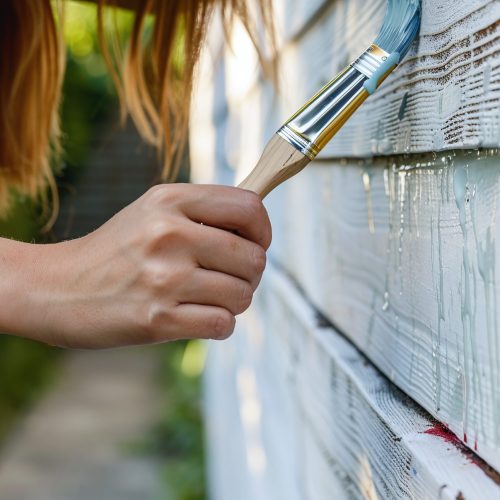 Woman with a paintbrush painting the side of a building | Summer Maintenance | Roosters Amish Sheds, WV
